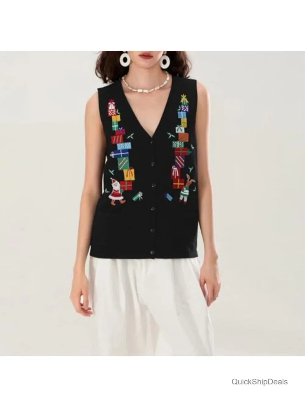 Womens Christmas Button Sweater Vest Embroidery Sleeveless Cardigan